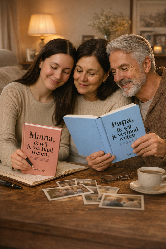 “Dochter zit samen met haar ouders aan tafel terwijl ze het invulboek ‘Mama, ik wil je verhaal weten’ en ‘Papa, ik wil je verhaal weten’ lezen en herinneringen vastleggen.”
